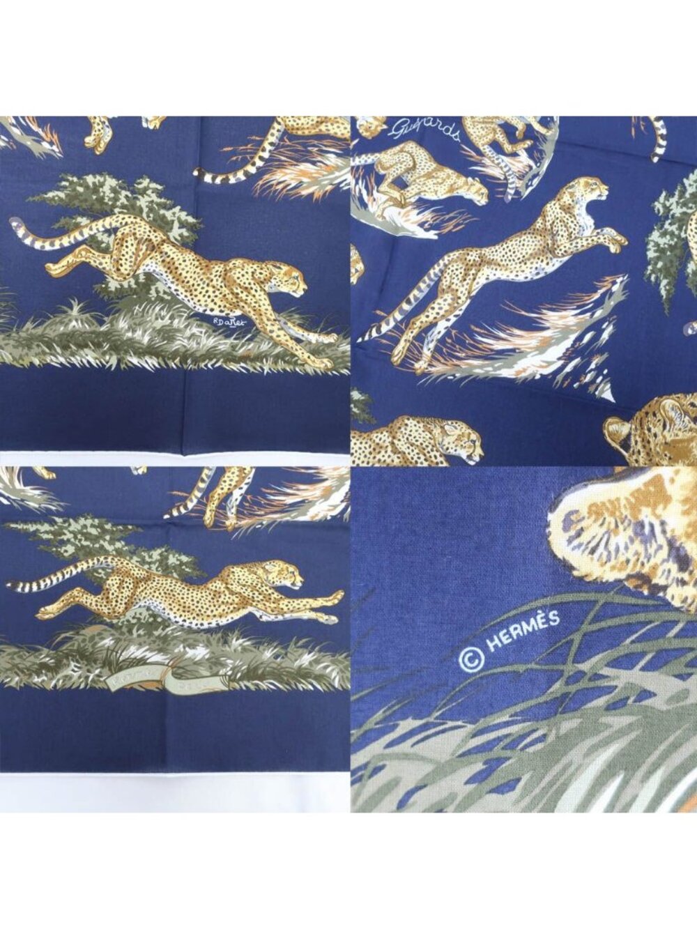 Hermes Carre 80 Cheetah Scarf Cotton Blue Marine Gold Khaki Navy - Picture 9 of 10